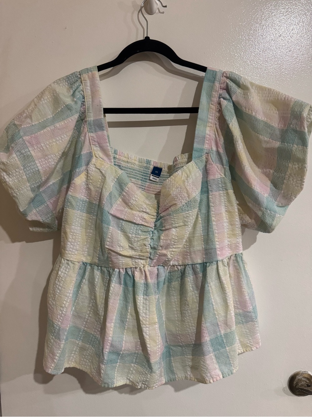 Old Navy Pastel Plaid Square Neck Puff Sleeve Top - Mint, Pink, Yellow